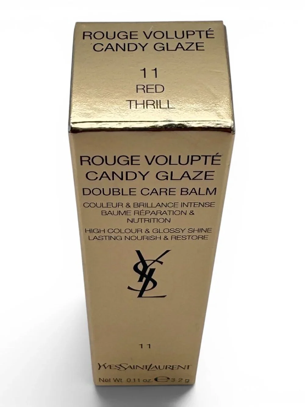 YSL Candy Glaze Lip Gloss Stick Double Care Balm 0.11 oz Shade #11 RED THRILL
